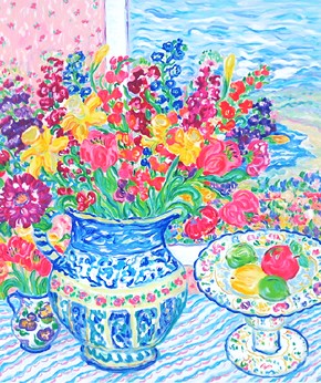 レスリー・セイヤーの絵画作品　タイトルは、　Flowers from bluce